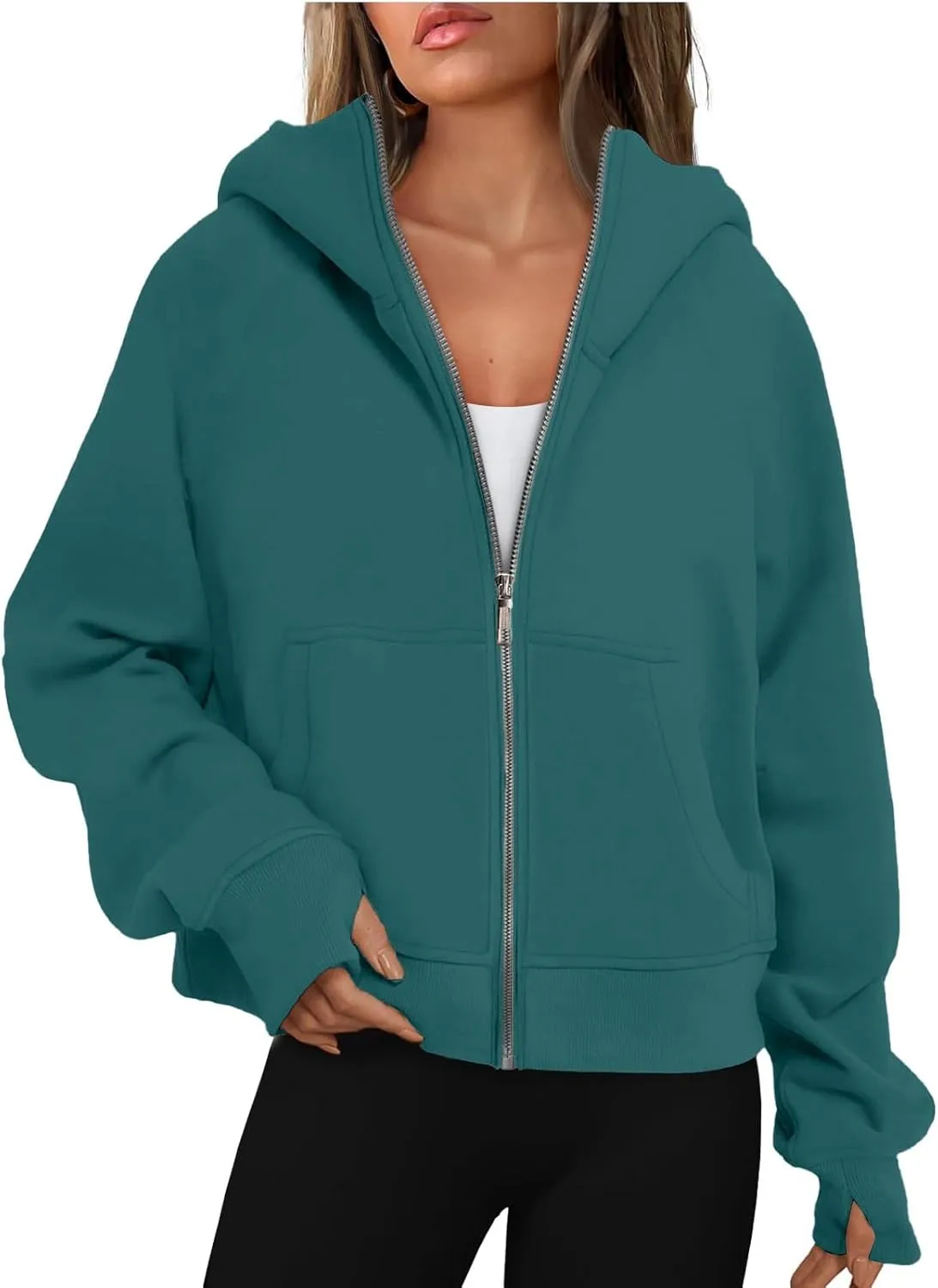 Jackets for Women Long Sleeve Casual Full Zipper Sweatshirts Thumb Hole Sweatshirts Coat Jackets with Pockets