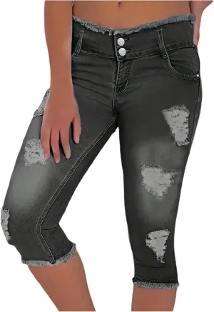 Jean Capris for Women Stretchy Ripped Skinny Jeans Trendy High Waisted Cropped Jeans Distressed Denim Capri Pants