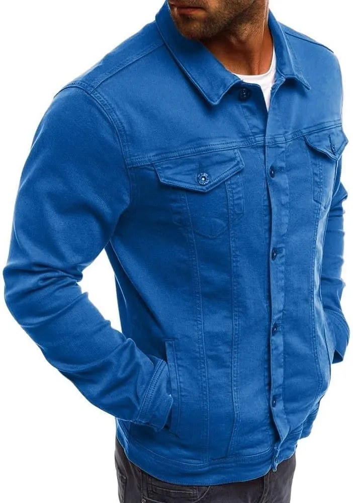 Jean Jacket Men, Casual Fashion Slim Fit Denim Shirt Trucker Jacket Comfortable Solid Everyday Cargo Denim Jackets