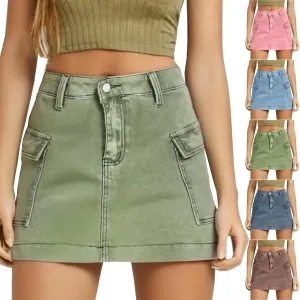 Jean Skirts for Women Denim Distressed High Waisted Stretchy Mini Skirt Solid Color Short Jeans Bottoms with Pockets