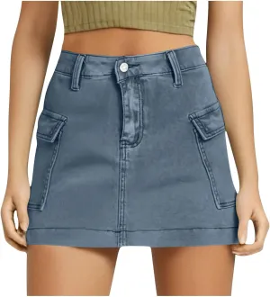 Jean Skirts for Women Denim Distressed High Waisted Stretchy Mini Skirt Solid Color Short Jeans Bottoms with Pockets