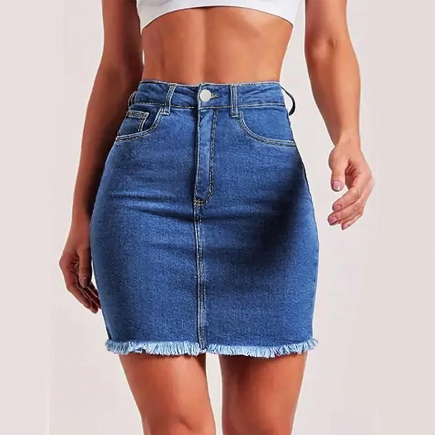 Jean Skirts for Women Denim High Waisted Short Mini Skirt Summer Casual Frayed Hem Cute Skirts with Pockets