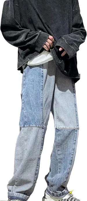 Jeans for Men Stretch Fit Casual Patchwork Wide Leg Jeans Trend Fashion Denim Pants Low Rise Skinny Jean Trousers
