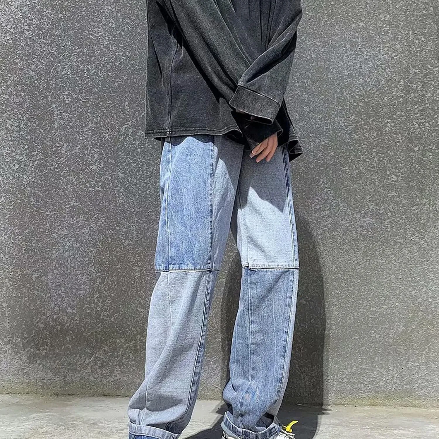 Jeans for Men Stretch Fit Casual Patchwork Wide Leg Jeans Trend Fashion Denim Pants Low Rise Skinny Jean Trousers