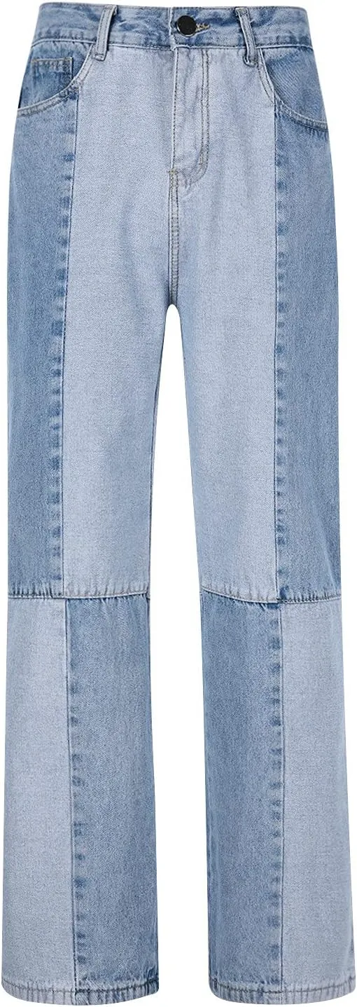 Jeans for Men Stretch Fit Casual Patchwork Wide Leg Jeans Trend Fashion Denim Pants Low Rise Skinny Jean Trousers