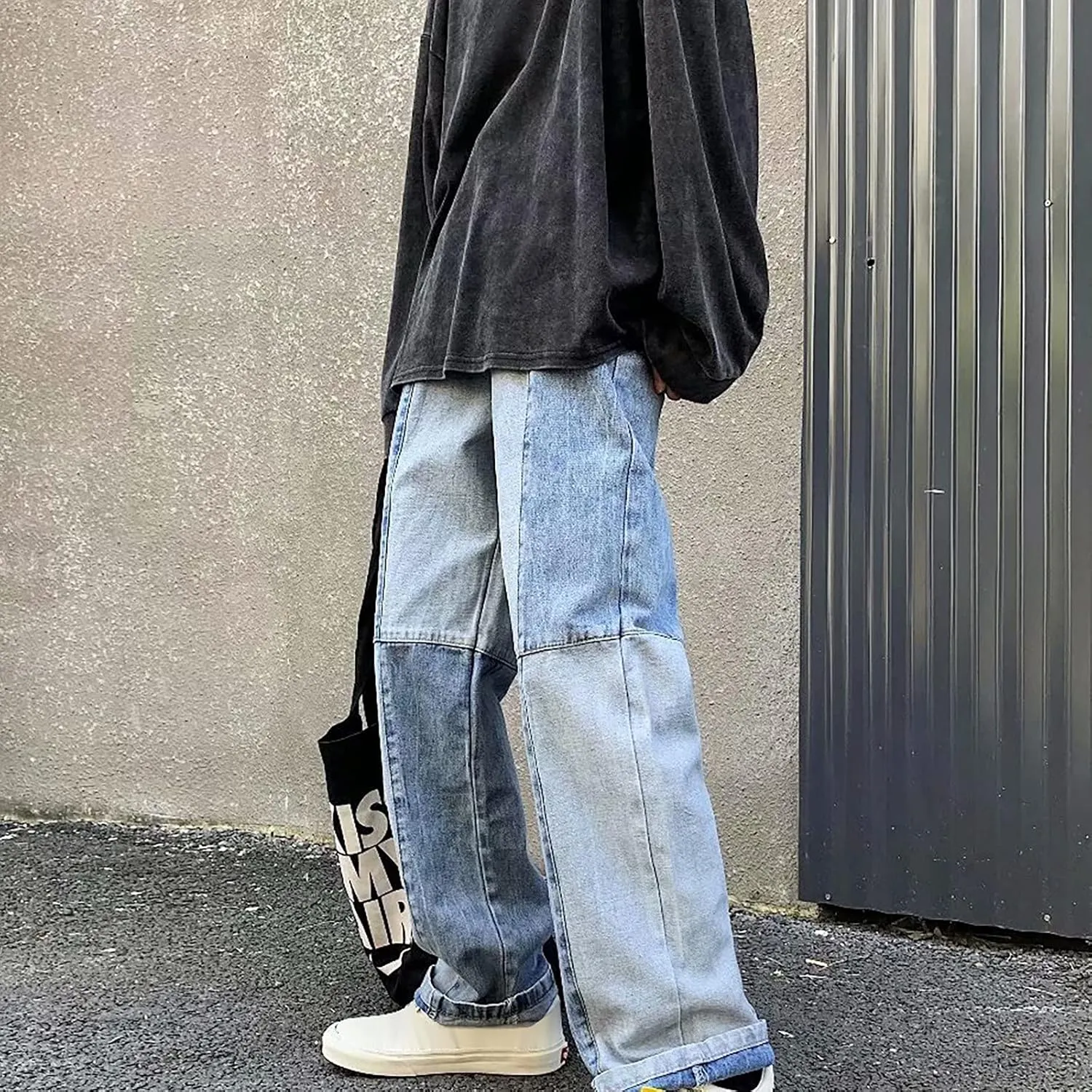 Jeans for Men Stretch Fit Casual Patchwork Wide Leg Jeans Trend Fashion Denim Pants Low Rise Skinny Jean Trousers