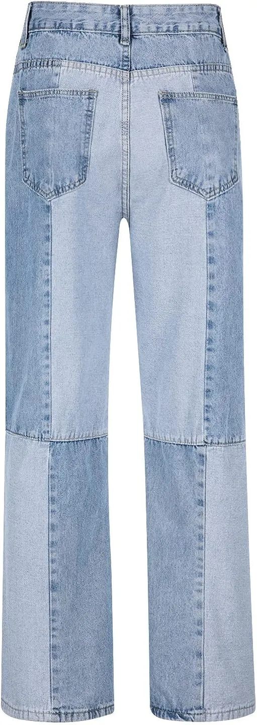 Jeans for Men Stretch Fit Casual Patchwork Wide Leg Jeans Trend Fashion Denim Pants Low Rise Skinny Jean Trousers