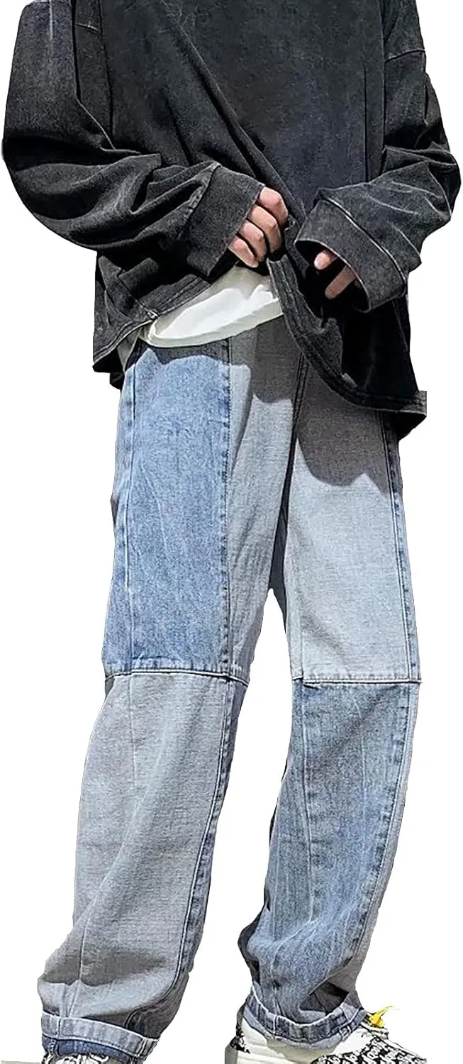 Jeans for Men Stretch Fit Casual Patchwork Wide Leg Jeans Trend Fashion Denim Pants Low Rise Skinny Jean Trousers