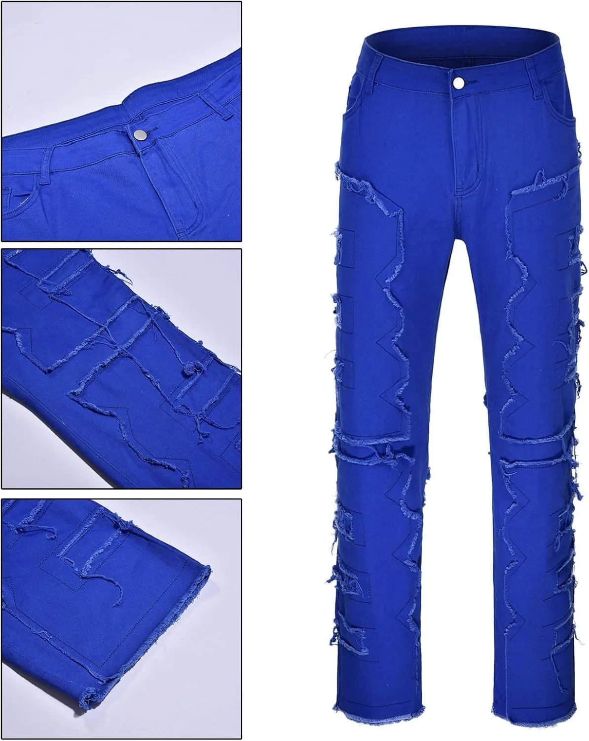 Jeans for Men Stretch Fit Men 's Ripped Stacked Jeans Distressed Destroyed Skinny Demin Pants Slim Fit Trousers