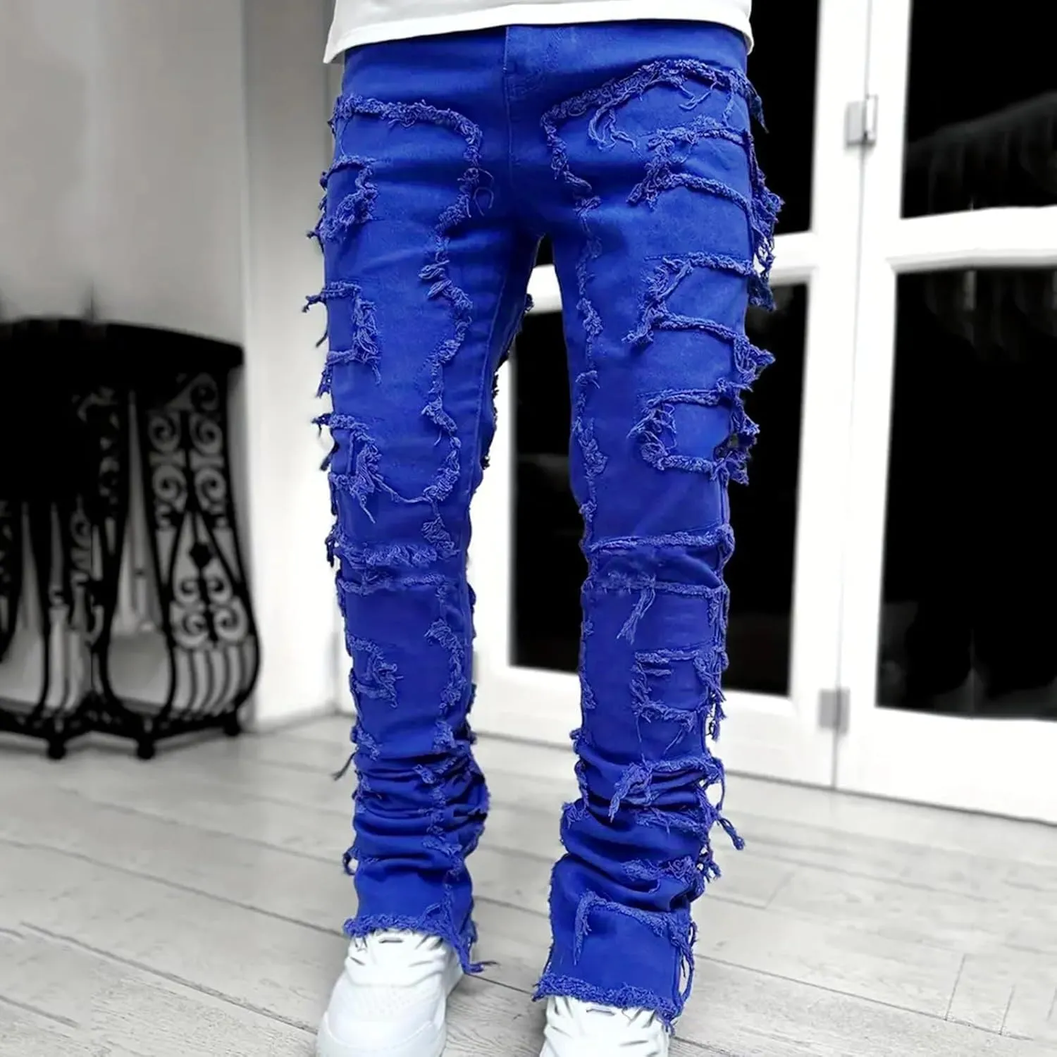 Jeans for Men Stretch Fit Men 's Ripped Stacked Jeans Distressed Destroyed Skinny Demin Pants Slim Fit Trousers