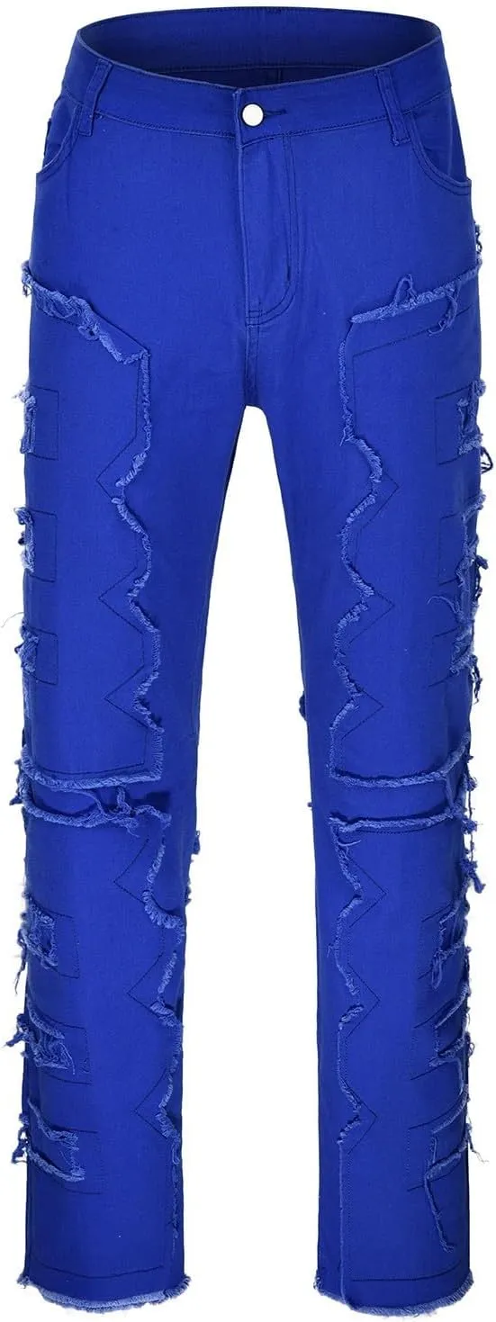 Jeans for Men Stretch Fit Men 's Ripped Stacked Jeans Distressed Destroyed Skinny Demin Pants Slim Fit Trousers