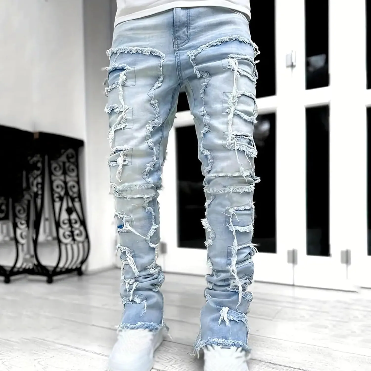 Jeans for Men Stretch Fit Men's Black Stacked Jeans Ripped Jeans Regular Fit Patch Distressed Destroyed Denim