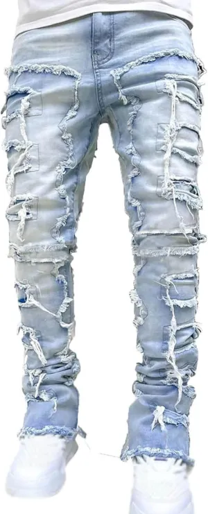 Jeans for Men Stretch Fit Men's Black Stacked Jeans Ripped Jeans Regular Fit Patch Distressed Destroyed Denim
