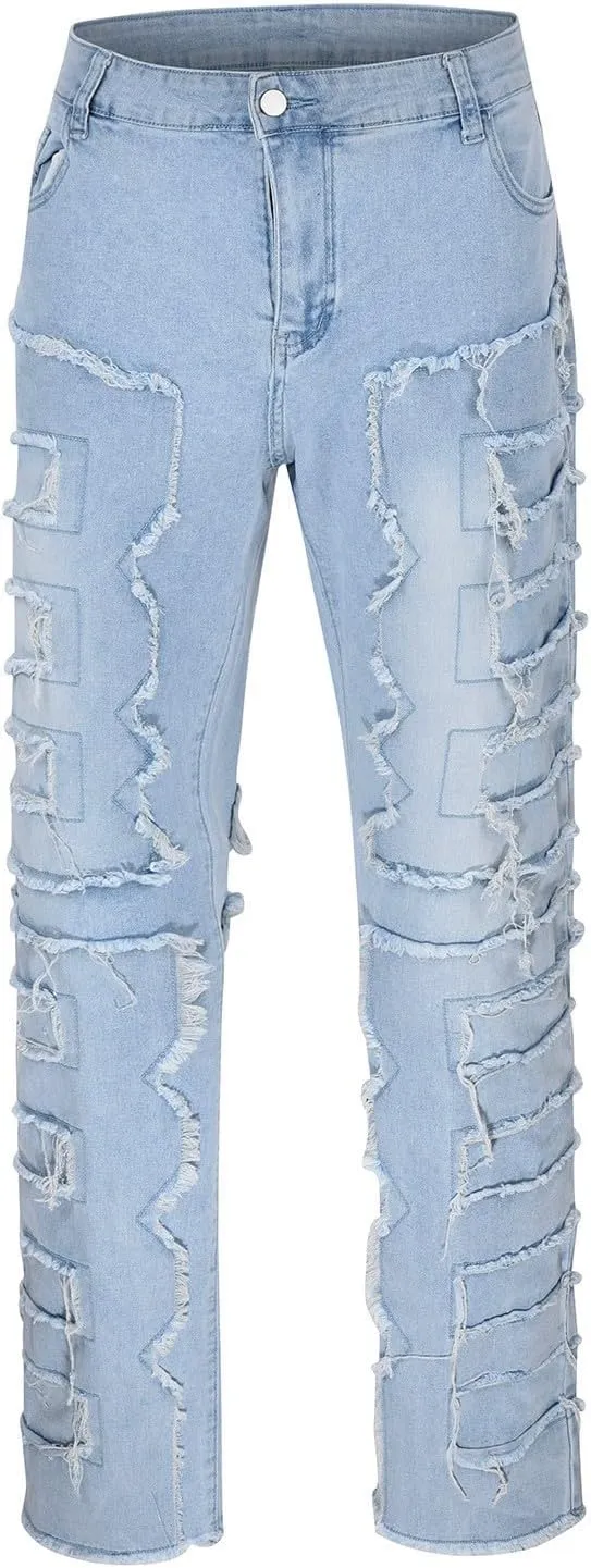 Jeans for Men Stretch Fit Men's Black Stacked Jeans Ripped Jeans Regular Fit Patch Distressed Destroyed Denim