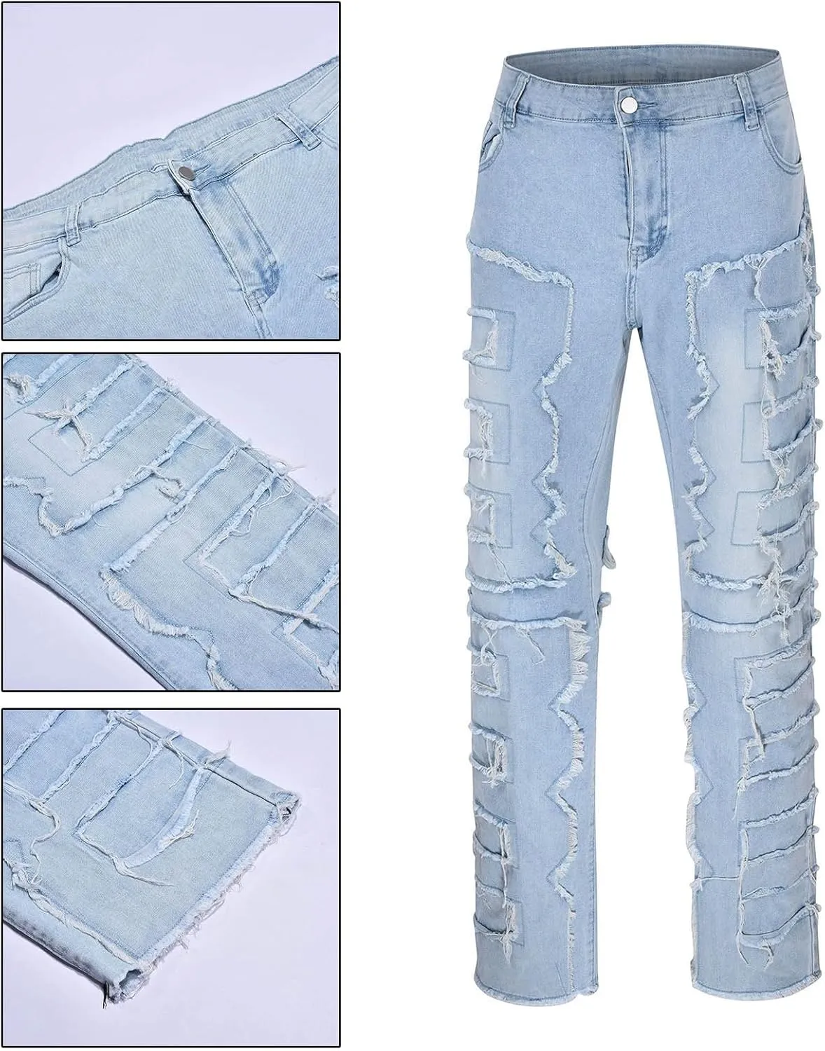 Jeans for Men Stretch Fit Men's Black Stacked Jeans Ripped Jeans Regular Fit Patch Distressed Destroyed Denim