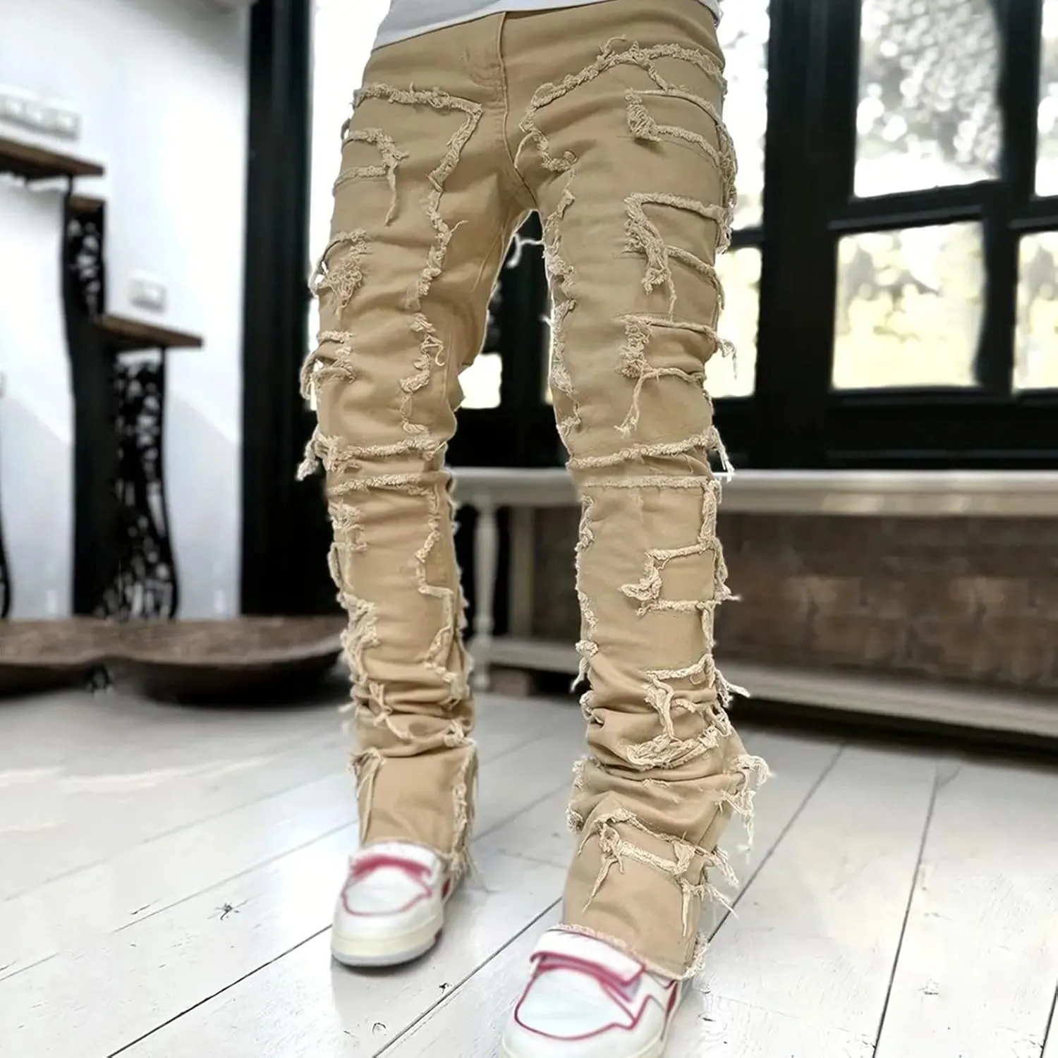 Jeans for Men Stretch Fit Mens Black Stacked Jeans Slim Fit Ripped Jeans Destroyed Straight Denim Pants Harajuku Hip