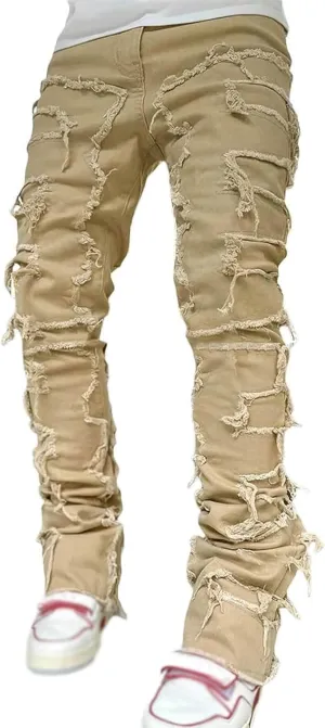 Jeans for Men Stretch Fit Men's Slim Fit Stretch Jeans Distressed Patchwork Stacked Frayed Straight Leg Skinny Denim