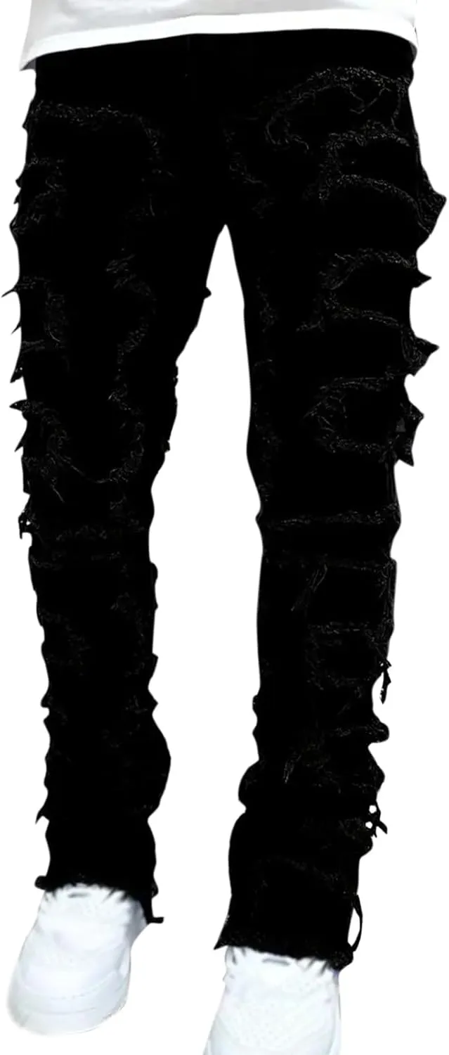 Jeans for Men Stretch Fit Men's Y2K Ripped Distressed Destroyed Straight Fit Washed Denim Jeans