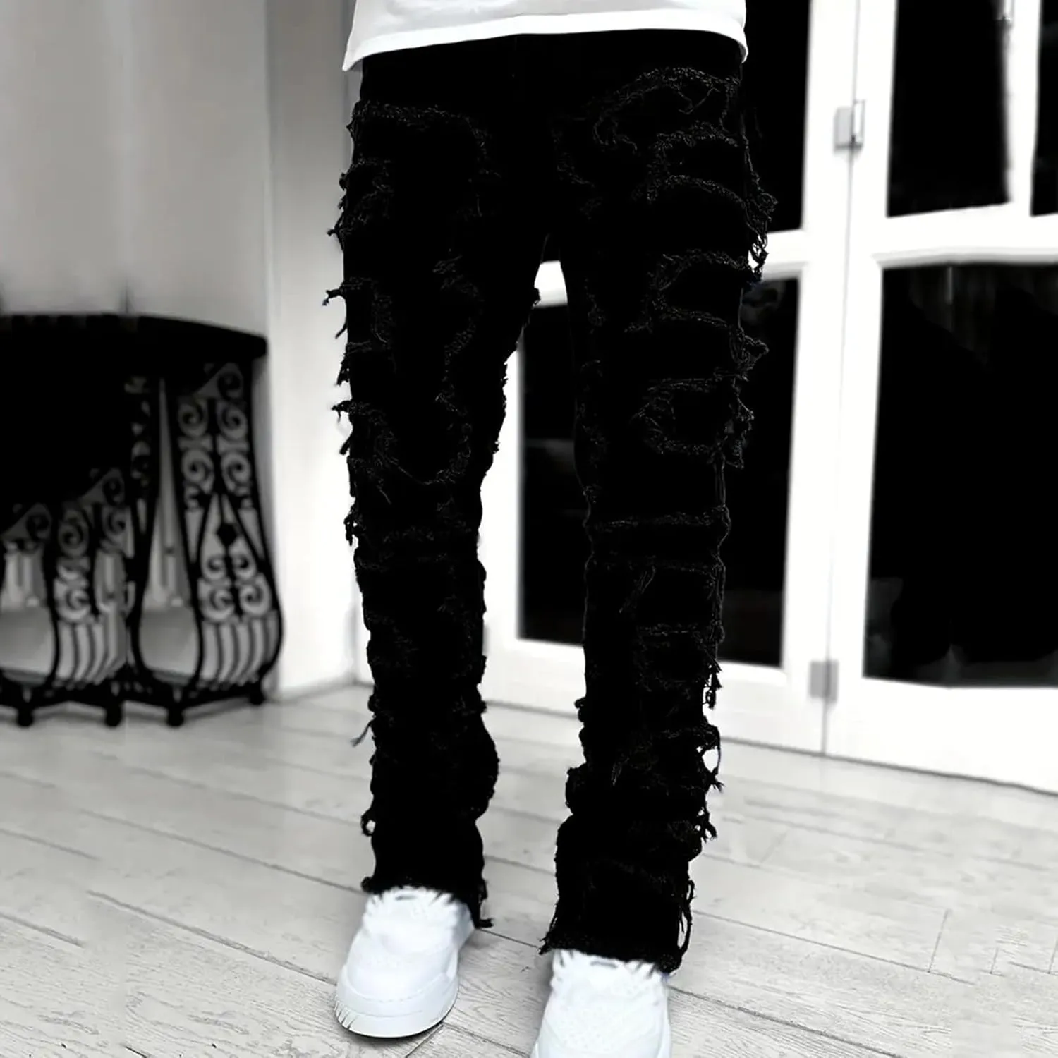 Jeans for Men Stretch Fit Men's Y2K Ripped Distressed Destroyed Straight Fit Washed Denim Jeans