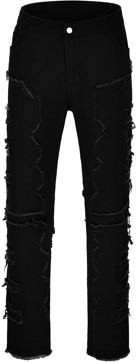 Jeans for Men Stretch Fit Men's Y2K Ripped Distressed Destroyed Straight Fit Washed Denim Jeans