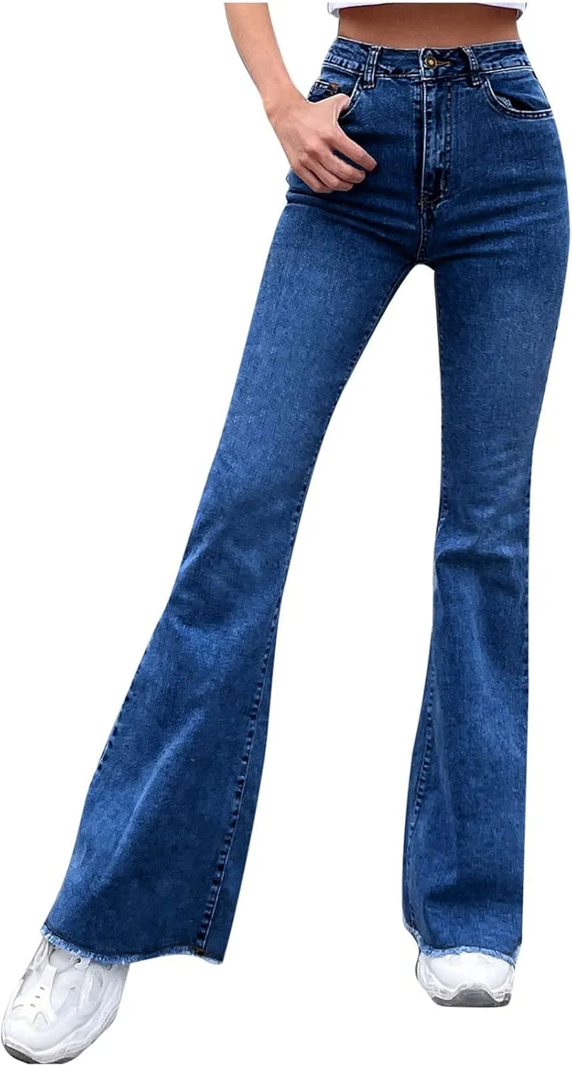 Jeans for Women Frayed Raw Hem Wide Leg Jeans High Waist Baggy Denim Pants Fashion Classic Piain Stretch Jeans Y2k