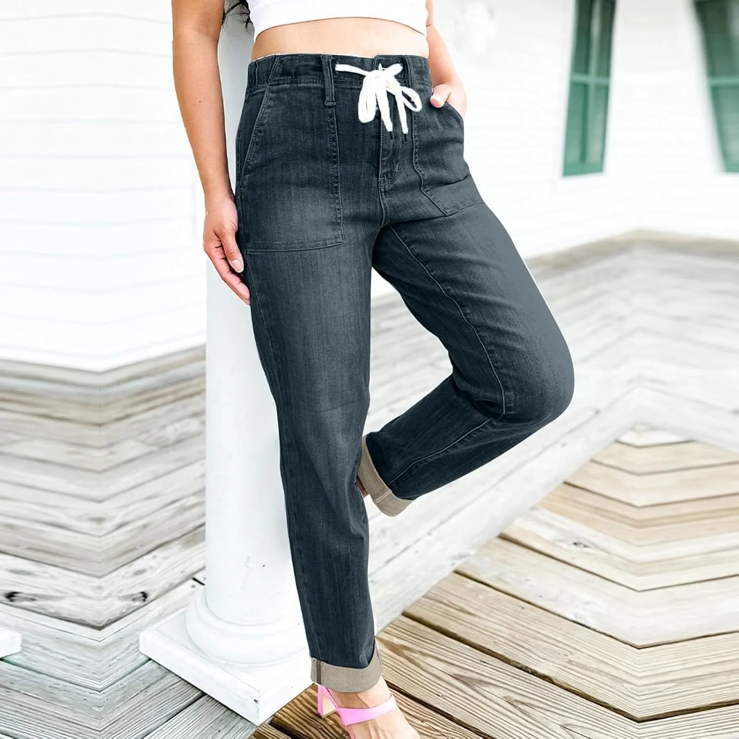 Jeans for Women Stretch Ankle Bootcut Jeans Drawstring Waisted Straight Leg Jeans Trendy Loose Fit Denim Pants Y2k