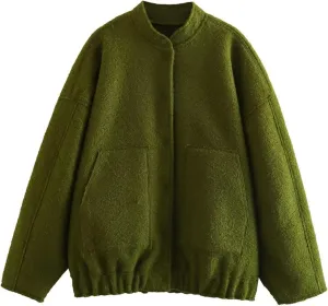 JEsilunmaMY Women's Fleece Bomber Jacket with Pockets Long Sleeve Wool Blend Casual Jackets Solid Color Oversized Outwear