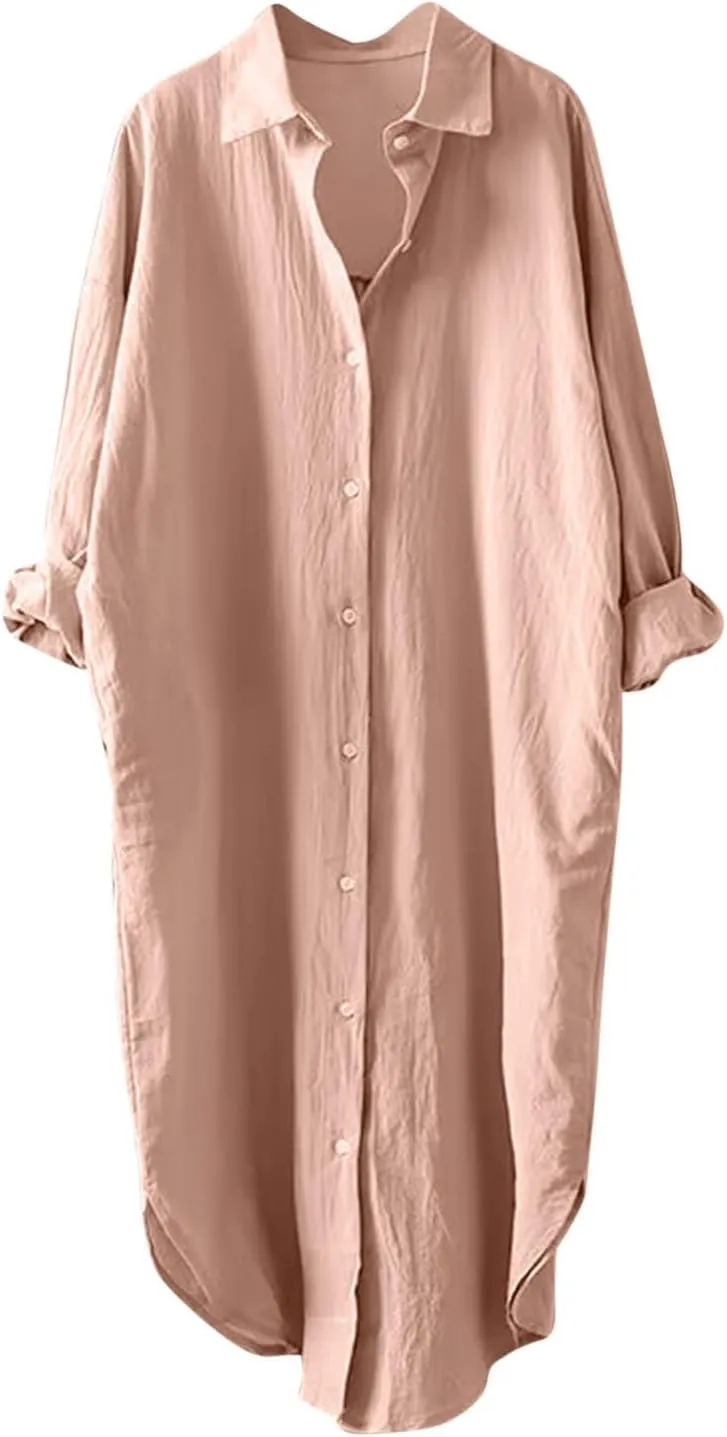 JOAU Women's Cotton Linen Shirts Button Down Long Tunic Tops Summer Casual Long Sleeve Lapel Dressy Blouse Beach Cover Up