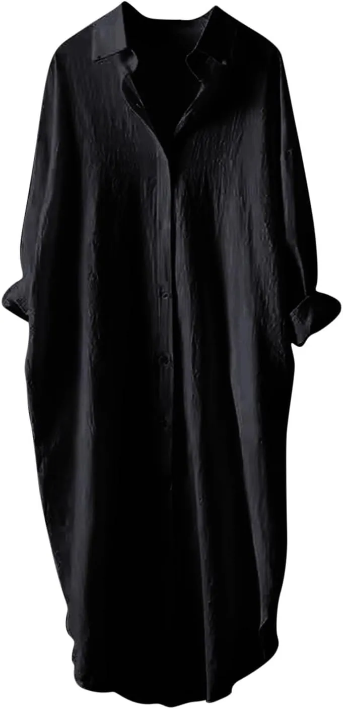 JOAU Women's Cotton Linen Shirts Button Down Long Tunic Tops Summer Casual Long Sleeve Lapel Dressy Blouse Beach Cover Up