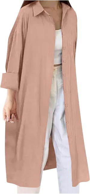 JOAU Women's Cotton Linen Shirts Button Down Long Tunic Tops Summer Casual Long Sleeve Lapel Dressy Blouse Beach Cover Up