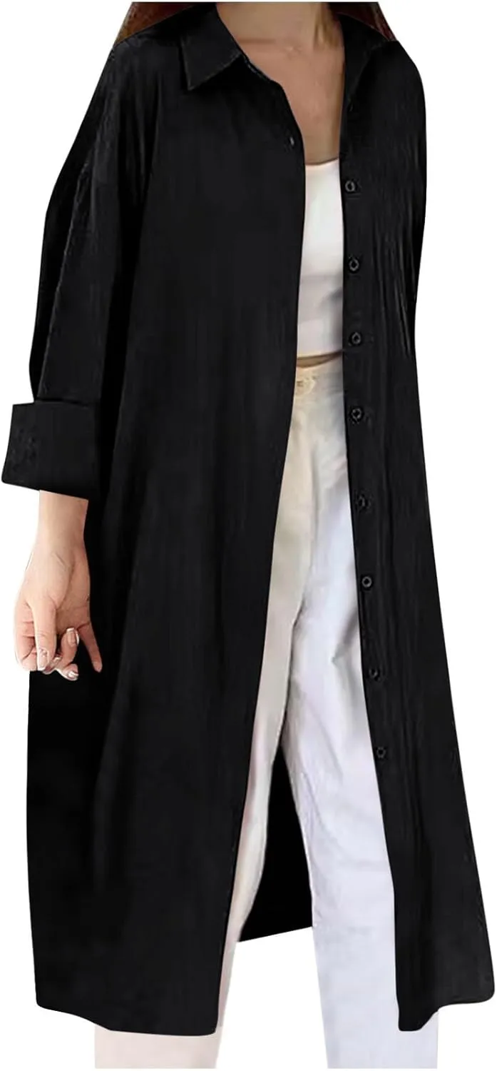 JOAU Women's Cotton Linen Shirts Button Down Long Tunic Tops Summer Casual Long Sleeve Lapel Dressy Blouse Beach Cover Up