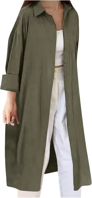JOAU Women's Cotton Linen Shirts Button Down Long Tunic Tops Summer Casual Long Sleeve Lapel Dressy Blouse Beach Cover Up