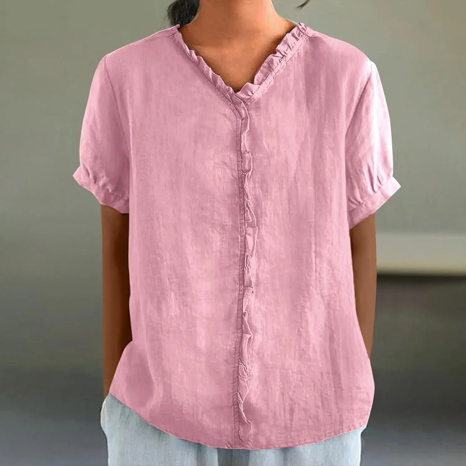 JOAU Women's Cotton Linen Short Sleeve Ruffle Shirts 2025 Summer Loose Casual V Neck Blouse Dressy Boho Beach Tunic Tops