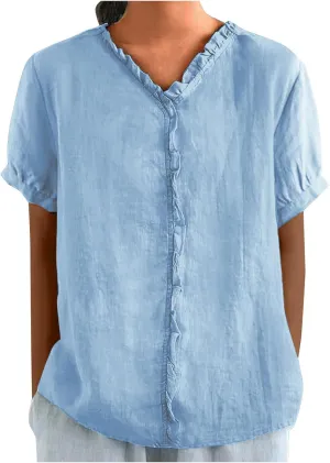 JOAU Women's Cotton Linen Short Sleeve Ruffle Shirts 2025 Summer Loose Casual V Neck Blouse Dressy Boho Beach Tunic Tops