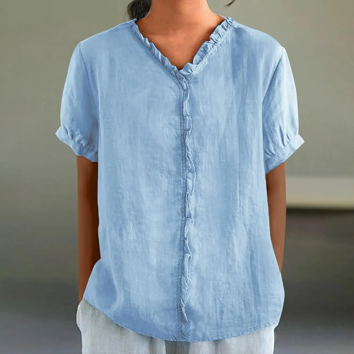 JOAU Women's Cotton Linen Short Sleeve Ruffle Shirts 2025 Summer Loose Casual V Neck Blouse Dressy Boho Beach Tunic Tops