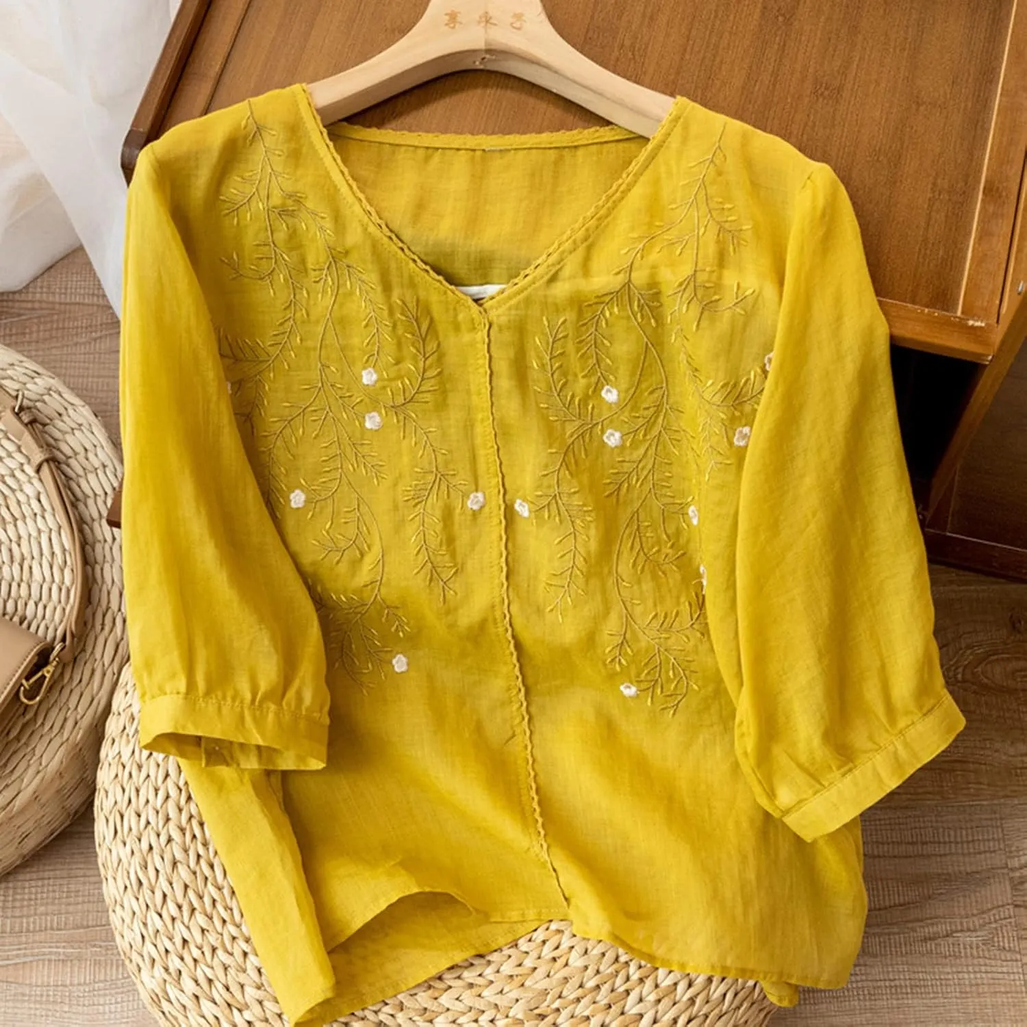 JOAU Women's Half Sleeve V-Neck Embroidered Blouse Cotton Linen Tops Summer Loose Fit Casual Comfy Lightweight T Shirts