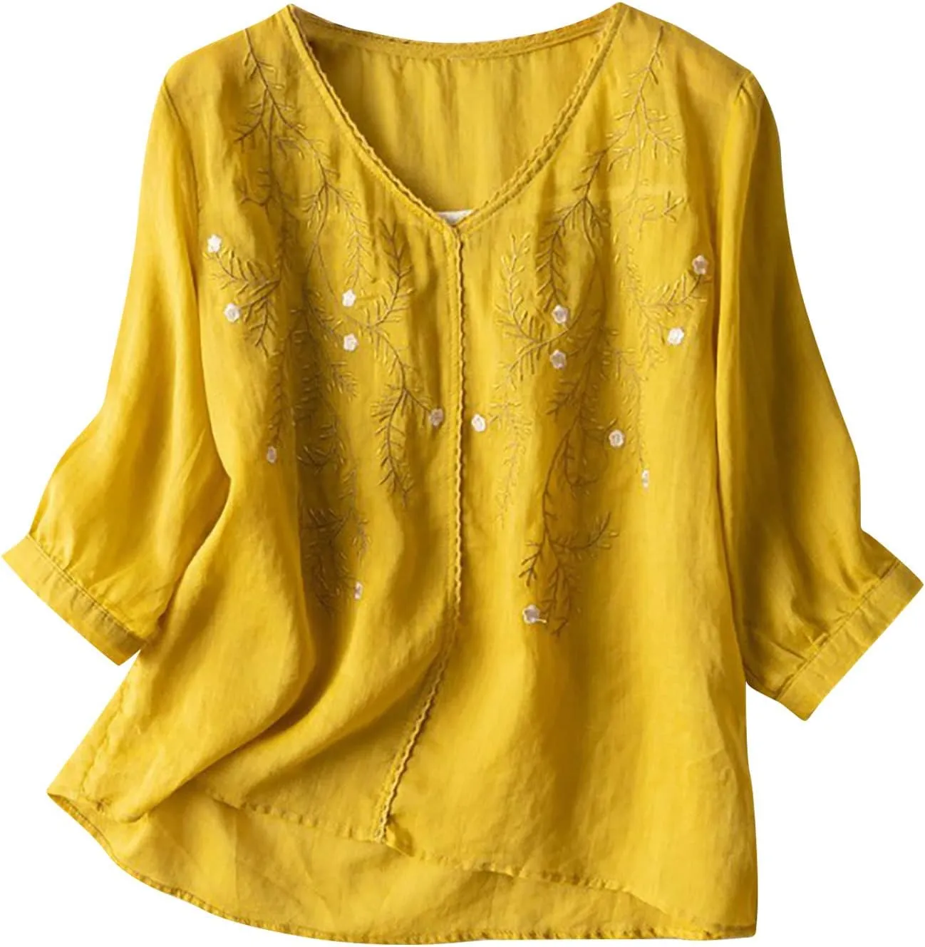 JOAU Women's Half Sleeve V-Neck Embroidered Blouse Cotton Linen Tops Summer Loose Fit Casual Comfy Lightweight T Shirts