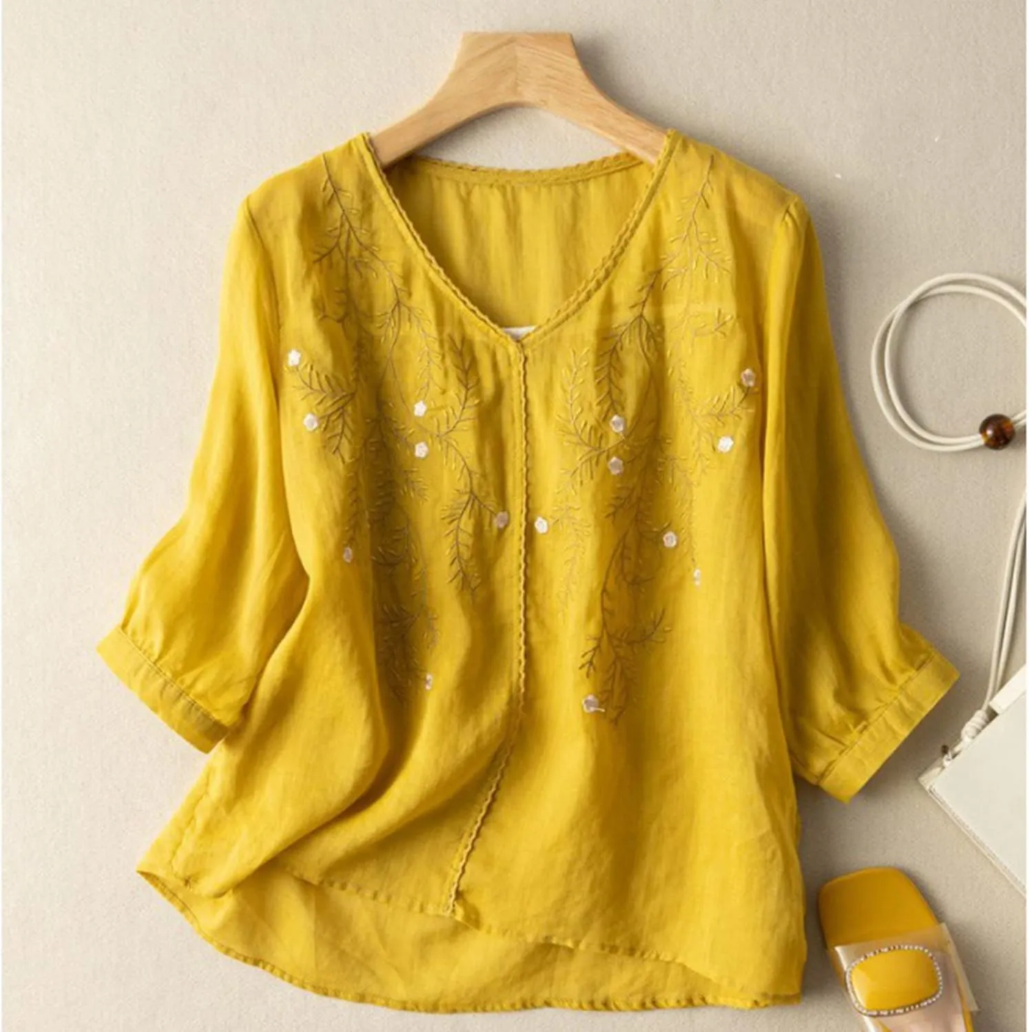 JOAU Women's Half Sleeve V-Neck Embroidered Blouse Cotton Linen Tops Summer Loose Fit Casual Comfy Lightweight T Shirts