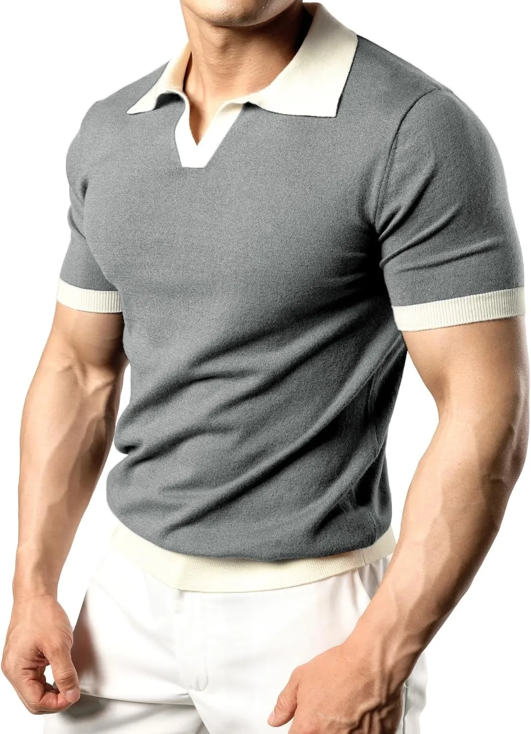 JOGAL Mens Knit Polo Shirts Vintage Short Sleeve Sweater Polo Muscle Slim Fit Golf Shirts