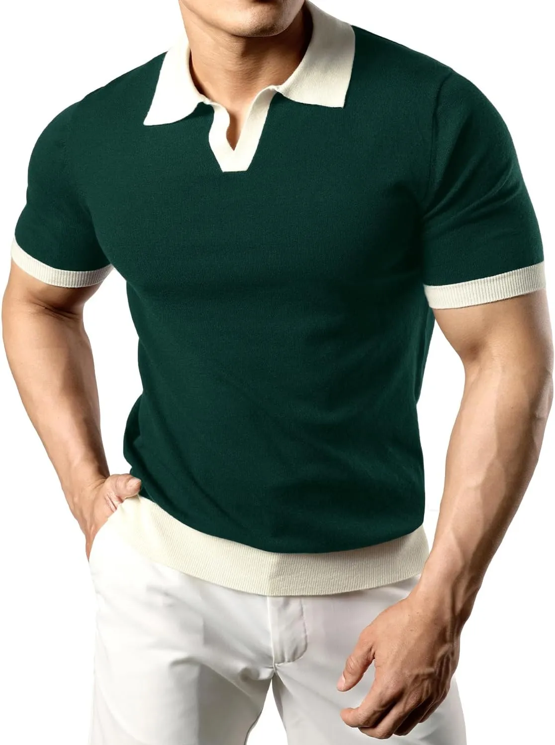 JOGAL Mens Knit Polo Shirts Vintage Short Sleeve Sweater Polo Muscle Slim Fit Golf Shirts