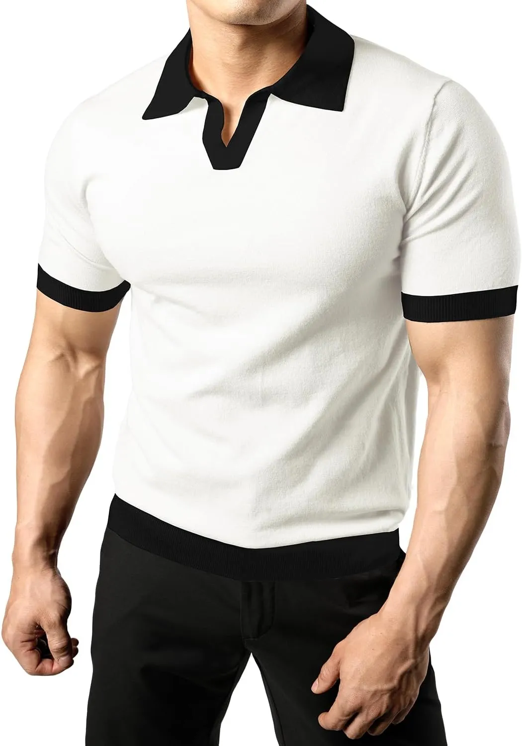 JOGAL Mens Knit Polo Shirts Vintage Short Sleeve Sweater Polo Muscle Slim Fit Golf Shirts