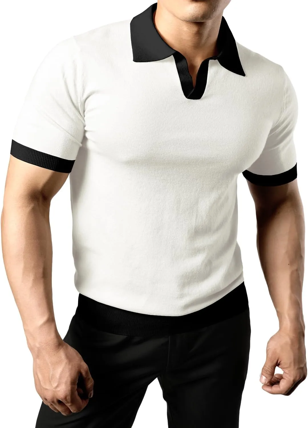 JOGAL Mens Knit Polo Shirts Vintage Short Sleeve Sweater Polo Muscle Slim Fit Golf Shirts