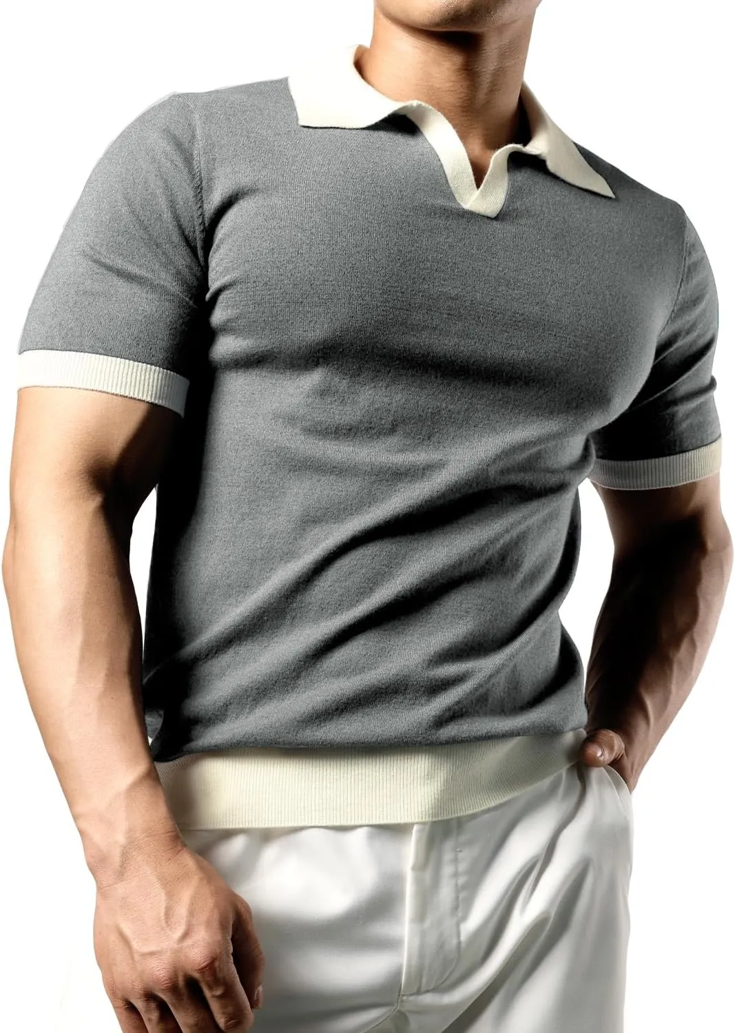 JOGAL Mens Knit Polo Shirts Vintage Short Sleeve Sweater Polo Muscle Slim Fit Golf Shirts