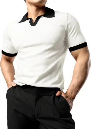 JOGAL Mens Knit Polo Shirts Vintage Short Sleeve Sweater Polo Muscle Slim Fit Golf Shirts