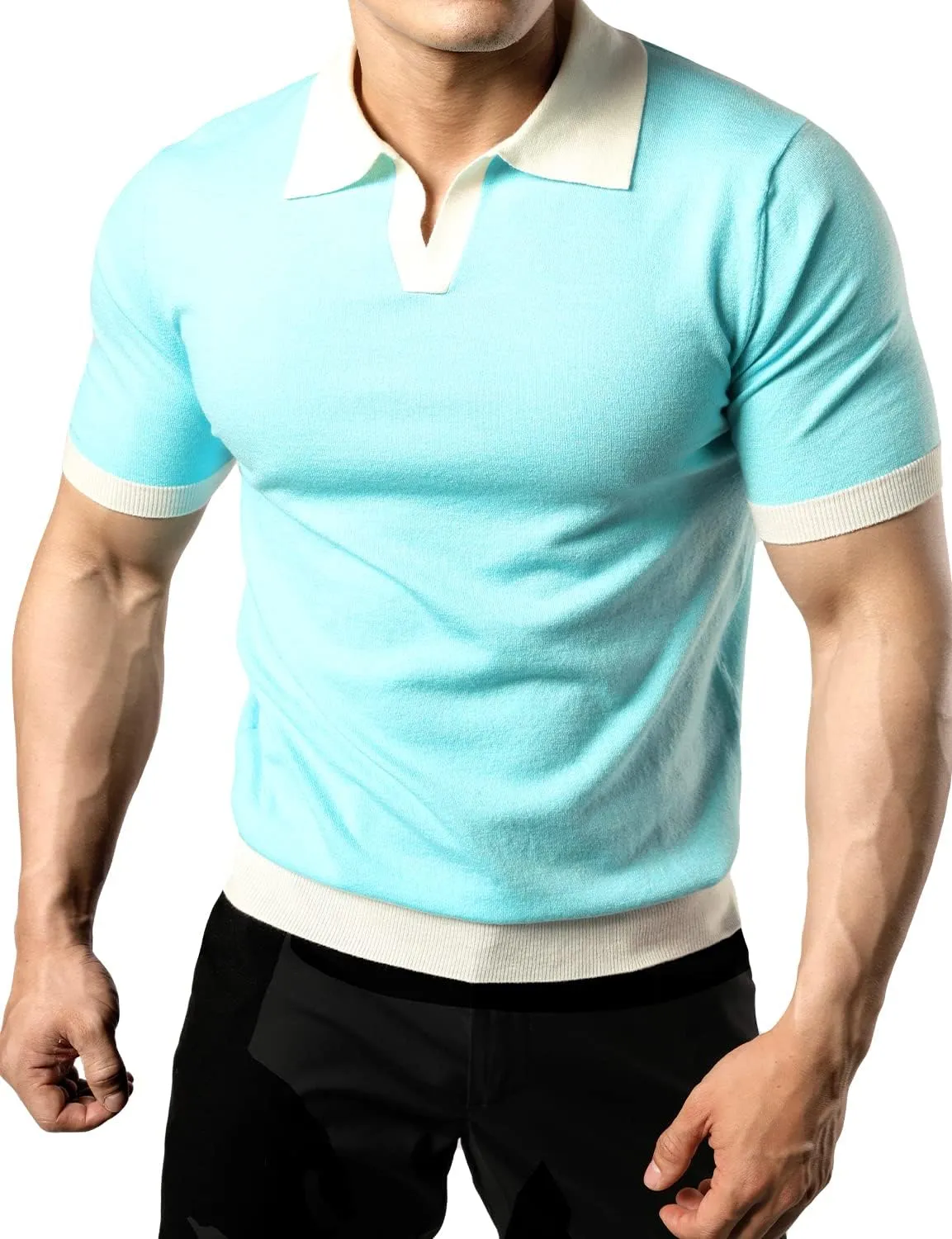 JOGAL Mens Knit Polo Shirts Vintage Short Sleeve Sweater Polo Muscle Slim Fit Golf Shirts