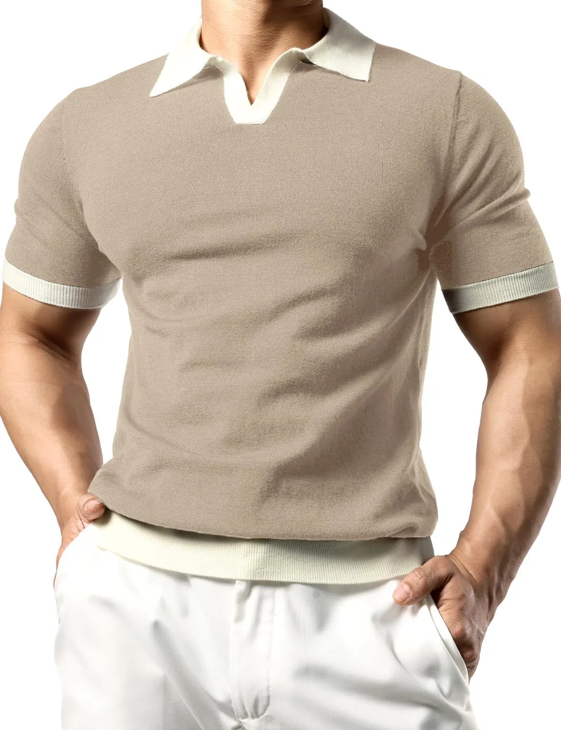 JOGAL Mens Knit Polo Shirts Vintage Short Sleeve Sweater Polo Muscle Slim Fit Golf Shirts