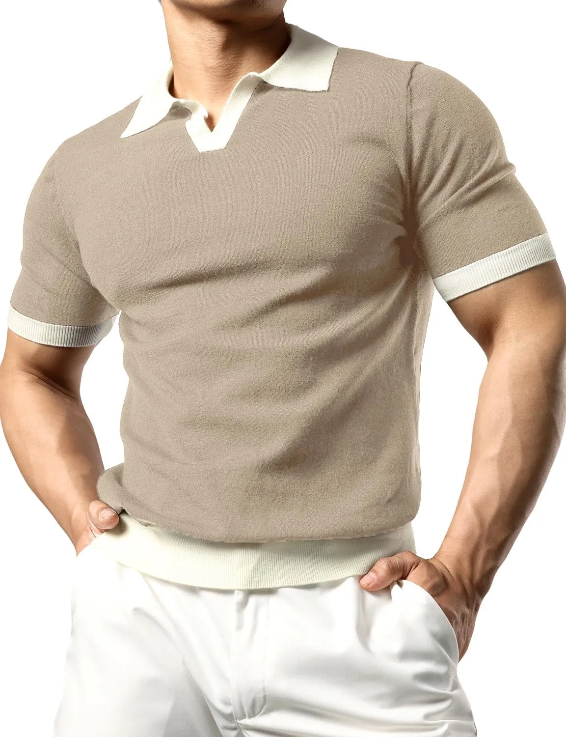 JOGAL Mens Knit Polo Shirts Vintage Short Sleeve Sweater Polo Muscle Slim Fit Golf Shirts