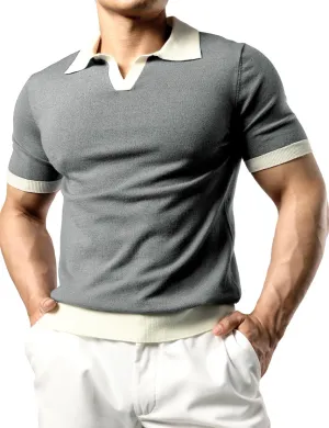 JOGAL Mens Knit Polo Shirts Vintage Short Sleeve Sweater Polo Muscle Slim Fit Golf Shirts