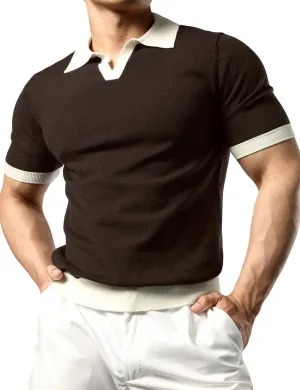 JOGAL Mens Knit Polo Shirts Vintage Short Sleeve Sweater Polo Muscle Slim Fit Golf Shirts