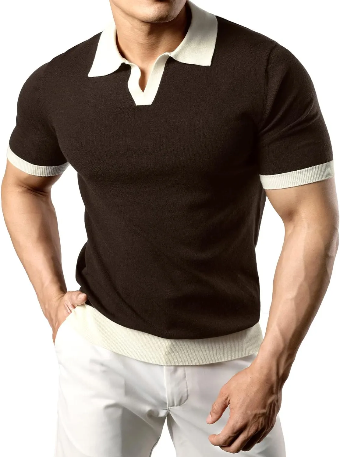 JOGAL Mens Knit Polo Shirts Vintage Short Sleeve Sweater Polo Muscle Slim Fit Golf Shirts